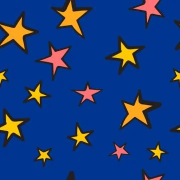 Doodle stars seamless pattern. Cute cartoon night sky background. Vector illu Stock Illustration