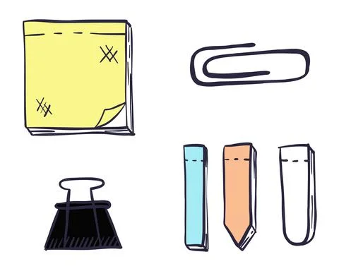 Doodle stationery set. Yellow note paper, book and document bookmarks, paper 스톡 일러스트