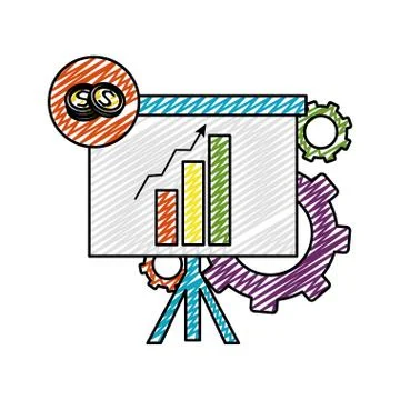 Doodle statistics bar growing presentation with gears Illustrazione stock