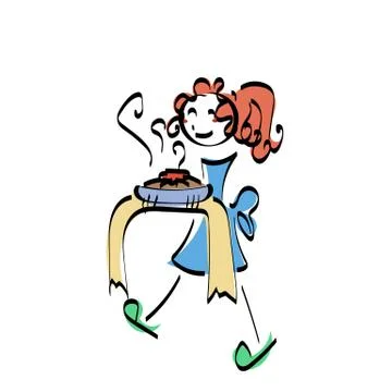 Doodle stickman illustration concept. Cooking woman with tasty food Stockillustratie