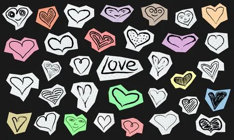 Doodle style big pack of hand drawn paper cut out hearts isolated on black. Stock Illustration