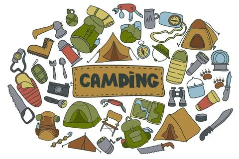 Doodle style camping set.hand drawn vector camping clip art set. Isolated on Stock Illustration