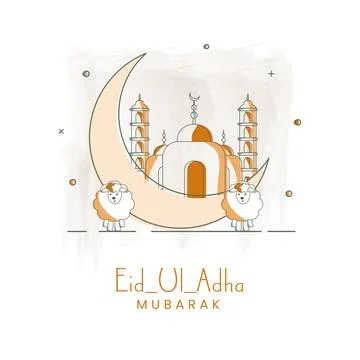 Doodle Style Crescent Moon with Mosque and Two Cartoon Sheep illustration F.. Ilustração Stock