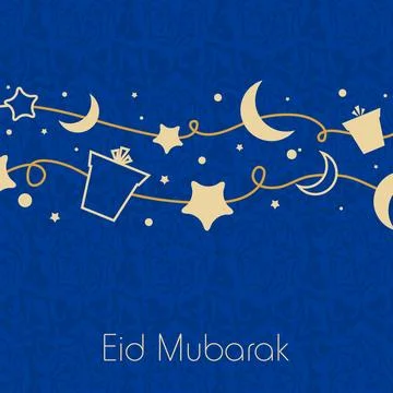 Doodle Style Gift Box with Star, Moon String Decoration on Blue Background .. Ilustração Stock