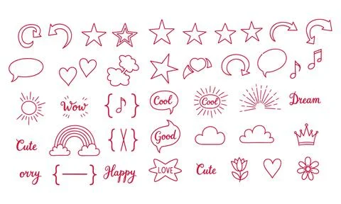 Doodle Style Graphic Elements Icons Set in Red Color Theme Stock Illustration