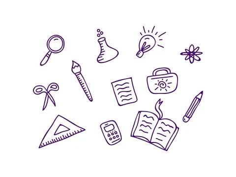 Doodle style hand drawn back to school education icons including books, backp 스톡 일러스트
