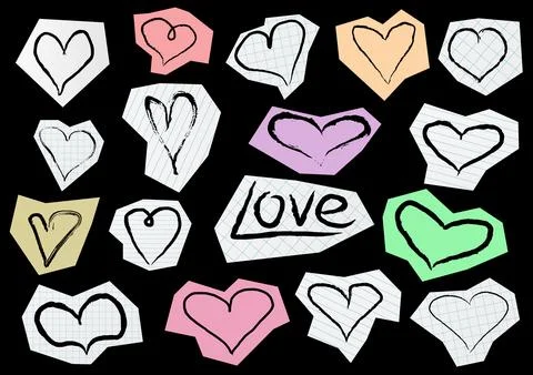 Doodle style hand drawn paper cut out hearts isolated on black. Sticker pack. Stock Illustration