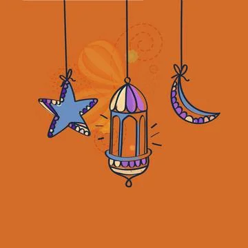 Doodle Style Hanging Arabic Lantern with Crescent Moon and  Stars on Orange.. Ilustração Stock