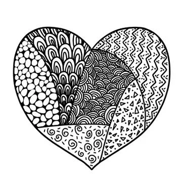 Doodle style heart with different patterns inside, coloring mandala, outline Stock Illustration