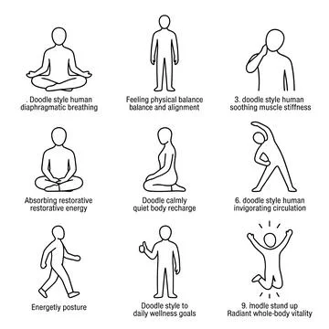 Doodle style human wellness and fitness concept, people doing yoga, meditat.. Stock Illustration