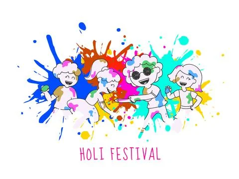 Doodle Style Illustration of Different Types Playing Holi Children Characte.. Stock Illustration