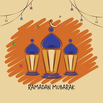 Doodle Style Lantern and String Star Decoration on Yellow Brush Stroke Back.. Stock Illustration