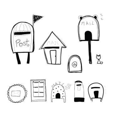 Doodle style mailbox and post box Stock Illustration