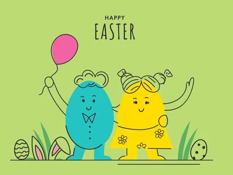 Doodle Style Mascot Egg Couple Cartoon Holding Balloon on Green Field View .. Ilustração Stock