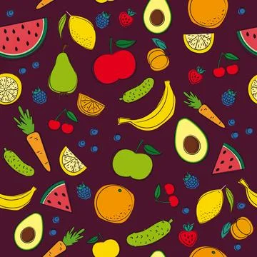 Doodle style pattern with different vegetables and fruits. Stock Illustration