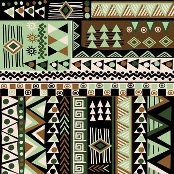 Doodle style pattern with ethnic motifs in green and brown colors Stock Illustration