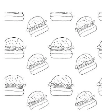 Doodle style pattern hand drawn line art burger hamburger vector meat design Stock Illustration