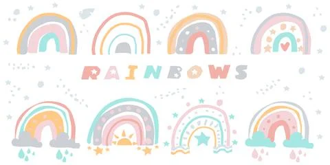 Doodle style rainbow set. Abstract composition forms. Gentle colors. Fashionable Stock Illustration