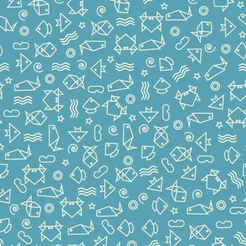 Doodle style seamless pattern with fish and other nature elements Illustrazione stock