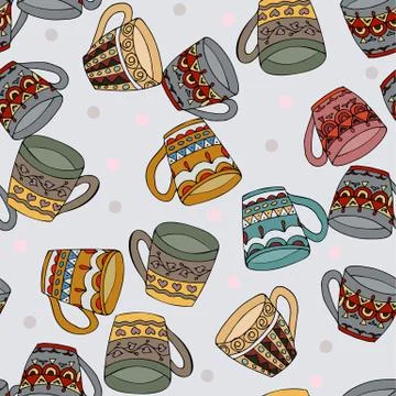 Doodle style seamless pattern with tea cups Stock Illustration