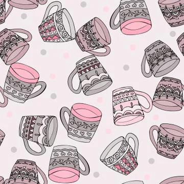 Doodle style seamless pattern with tea cups Stock Illustration