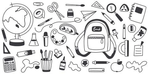 Doodle style set of school stationery supplies Stock Illustration