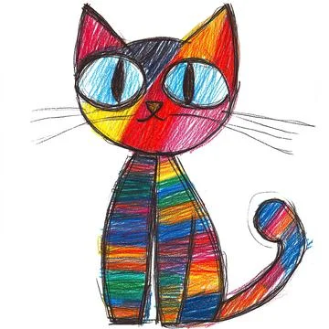 Doodle-style, simple lines, children's drawings of cat, bright colors Stock Illustration