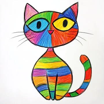 Doodle-style, simple lines, children's drawings of cat, bright colors Stock Illustration