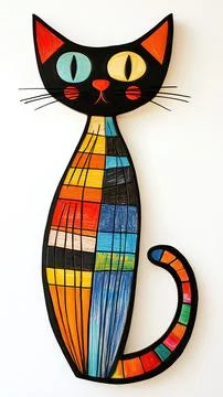 Doodle-style, simple lines, children's drawings of cat, bright colors Stock Illustration