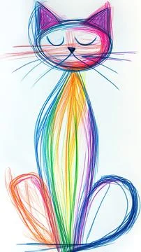 Doodle-style, simple lines, children's drawings of cat, bright colors on a wh Stock Illustration