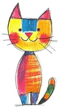 Doodle-style, simple lines, children's drawings of cat, bright colors Illustrazione stock