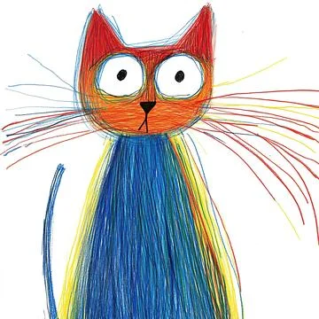 Doodle-style, simple lines, children's drawings of cat, bright colors Stock Illustration