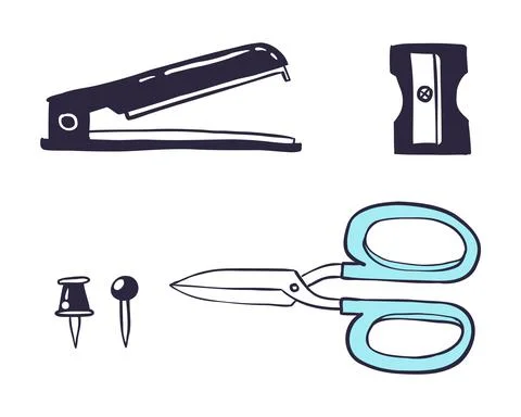 Doodle style stationery. Scissors, stapler and sharpener, paper clips and she Illustrazione stock