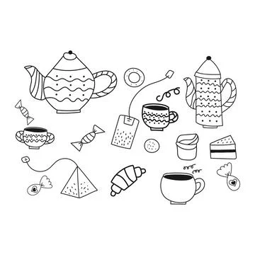 Doodle-style tea set on white background Stock Illustration