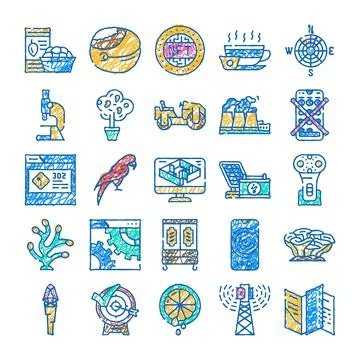 Doodle style various modern technology and nature icons Stock Illustration