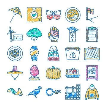 Doodle style various objects and food icons set Stock Illustration