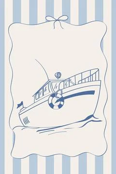 Doodle style vector poster. Navy boat illustration for invitation. Sketch of Stock Illustration