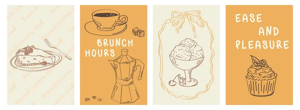 Doodle style vector poster set. Brunch cafe illustration, easy and fun. Retro Stock Illustration