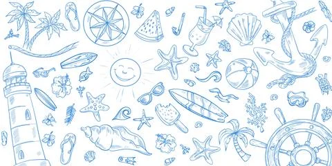 Doodle summer banner background. Set of hand-drawn icons. Vector illustration Illustrazione stock