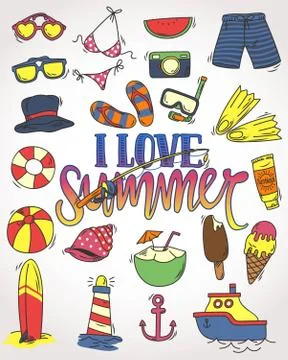 Doodle summer beach set vector Stock Illustration