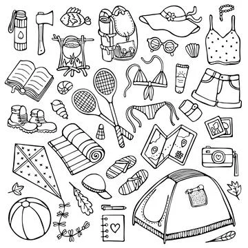Doodle summer camping elements isolated on white Stock Illustration