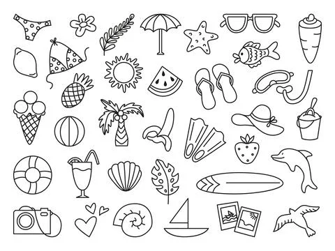 Doodle summer icons. Linear hand drawn summertime season elements. Vacation on Stock Illustration