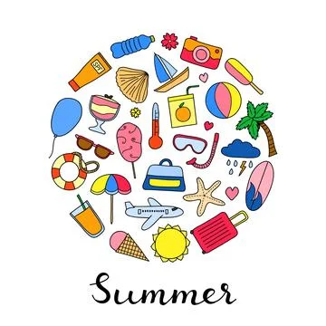 Doodle summer items in circle. Stock Illustration