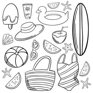 Doodle summer items set. Summer leisure accessories Stock Illustration