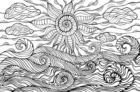 Doodle sun, clouds and ocean waves coloring page for children and adults. Stock Illustration
