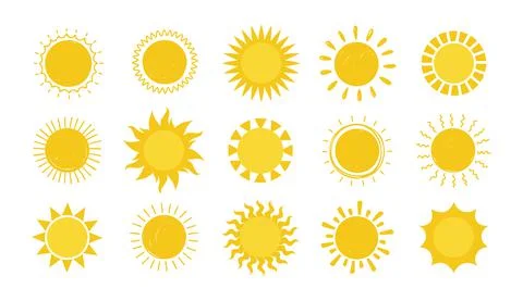 Doodle Sun. Hand drawn simple graphic circle solar elements collection, sunshine Stock Illustration