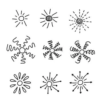 Doodle Sun, set of hand drawn black Icons isolated on white background. Swirl Stock Illustration