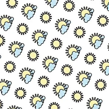 Doodle sun with spring weather and clouds background Ilustración de archivo