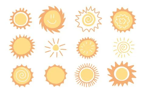 Doodle suns isolated on white background collection. Abstract hand drawing Stock Illustration