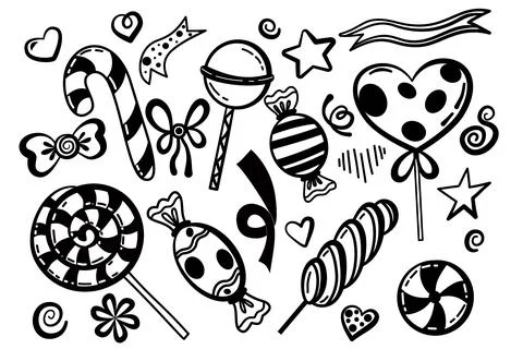 Doodle Sweet candies set. Candy, chocolate bonbons, licorice, lollipop Stock Illustration